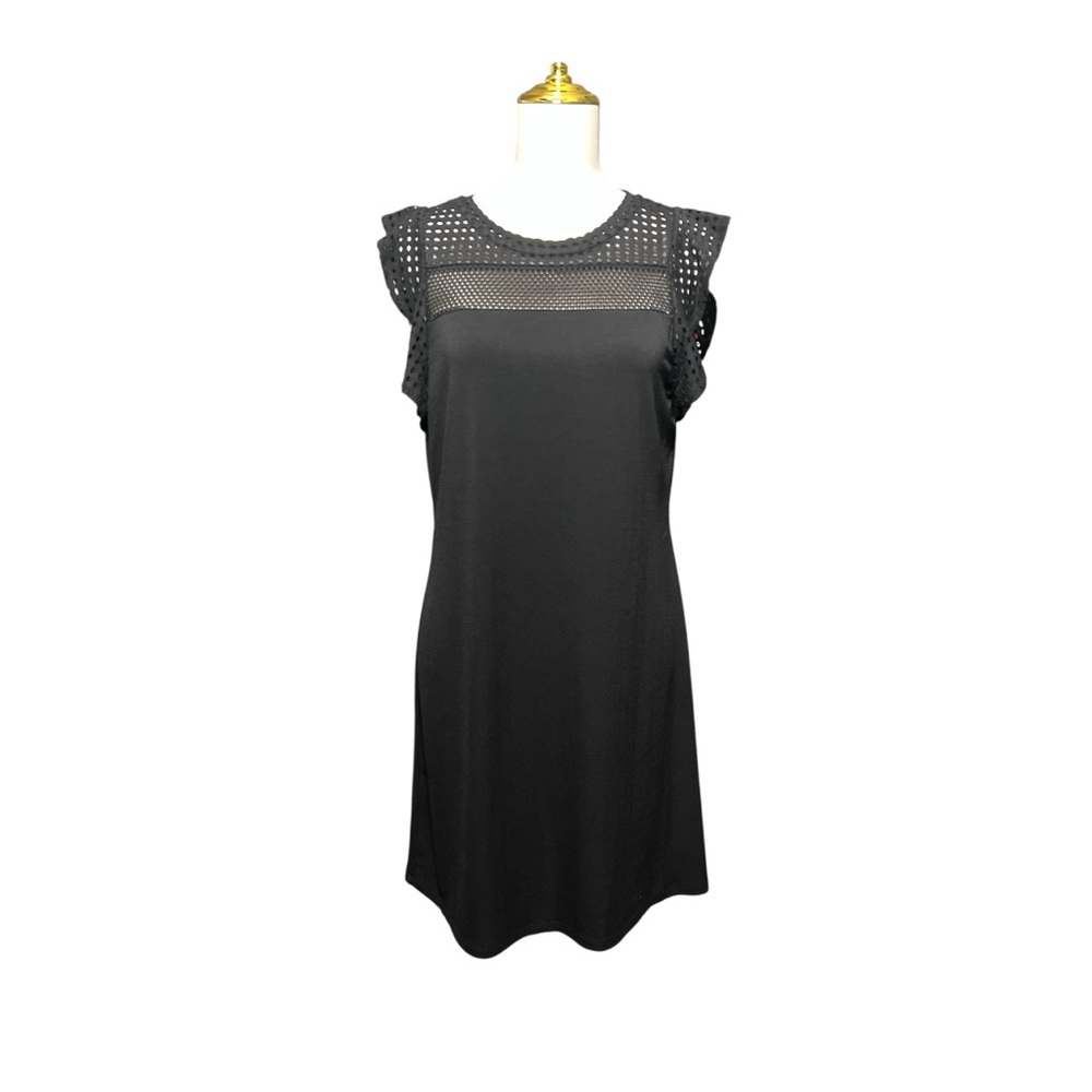 Michael Kors Medium Black Eyelet Mesh Short Flutter Sleeve Short Dress